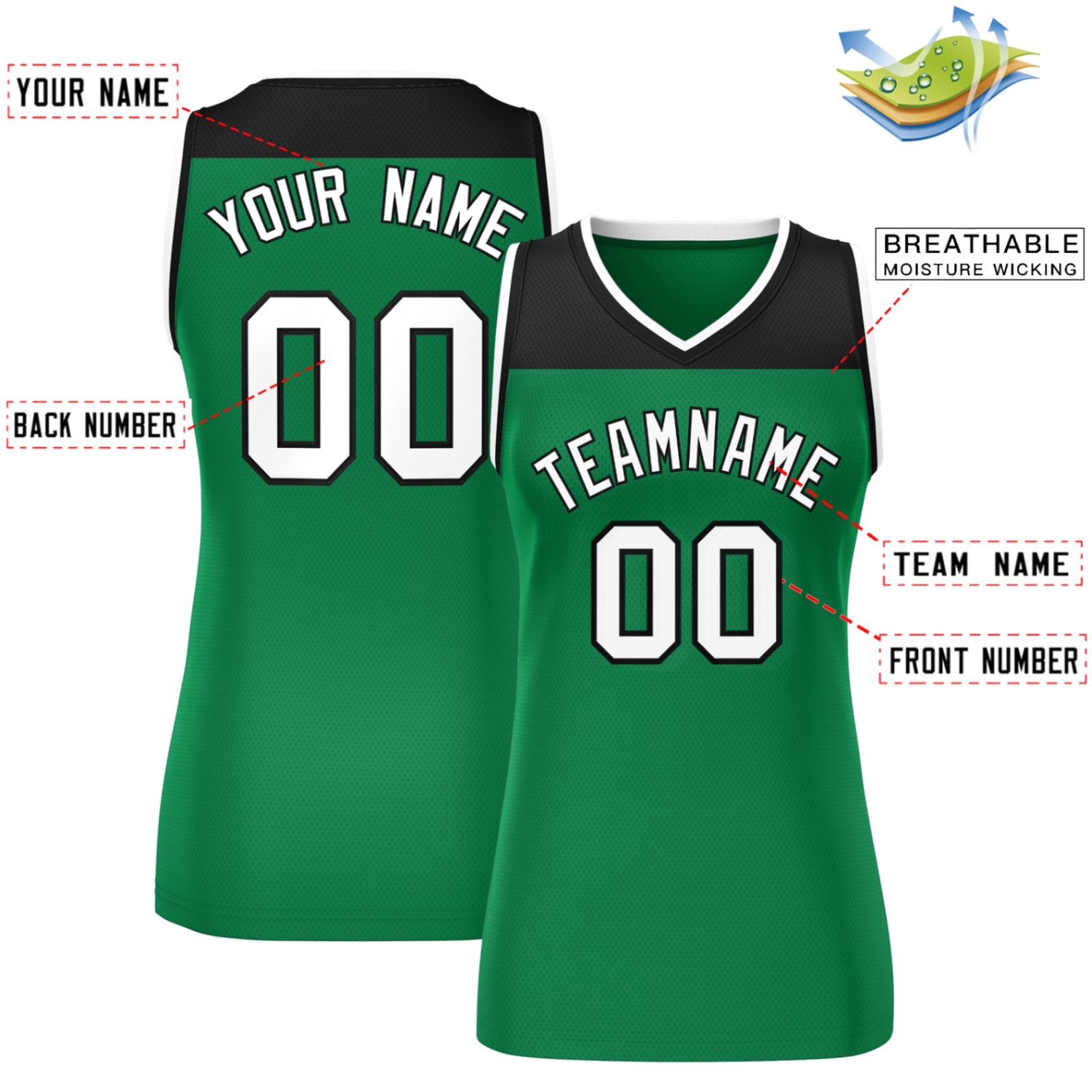 Custom Black Kelly Green Color Block Fashion Tops Mesh Basketball Jersey For Women