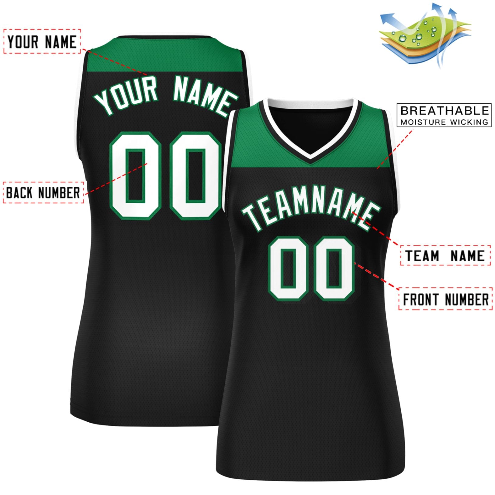 Custom Kelly Green Black Color Block Fashion Tops Mesh Basketball Jersey For Women