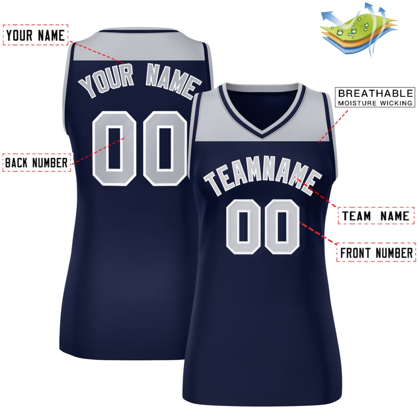 Custom Gray Navy Color Block Fashion Tops Mesh Basketball Jersey For Women