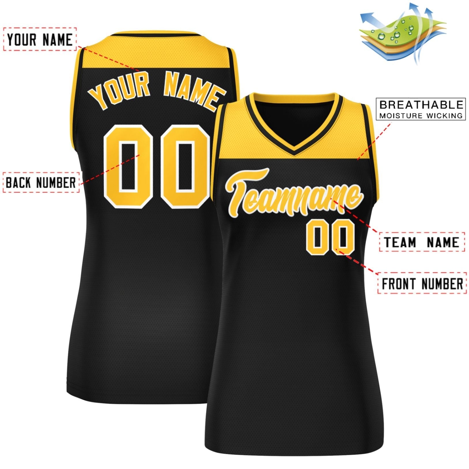 Custom Gold Black Color Block Fashion Tops Mesh Basketball Jersey For Women