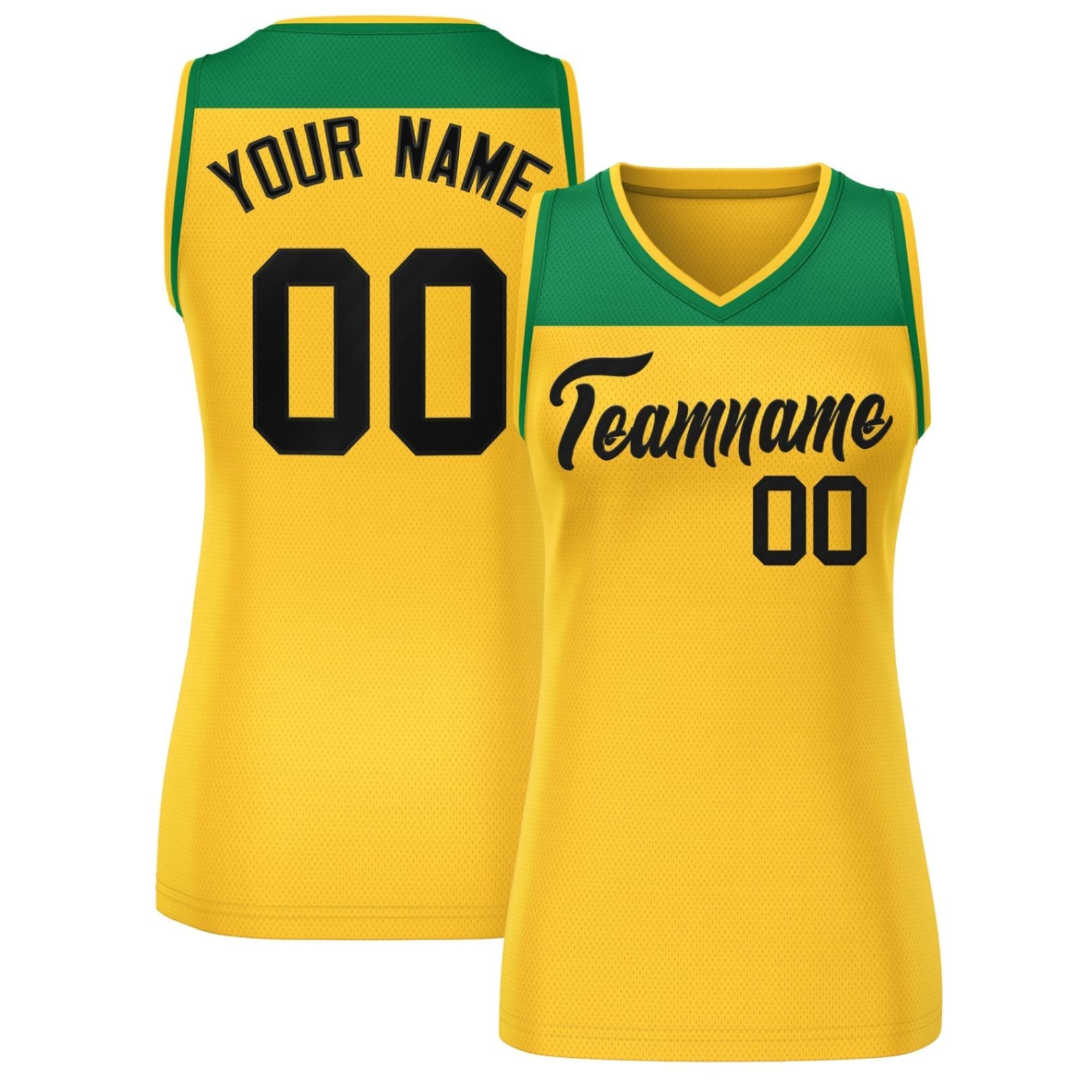 Custom Kelly Green Gold Color Block Fashion Tops Mesh Basketball Jersey For Women