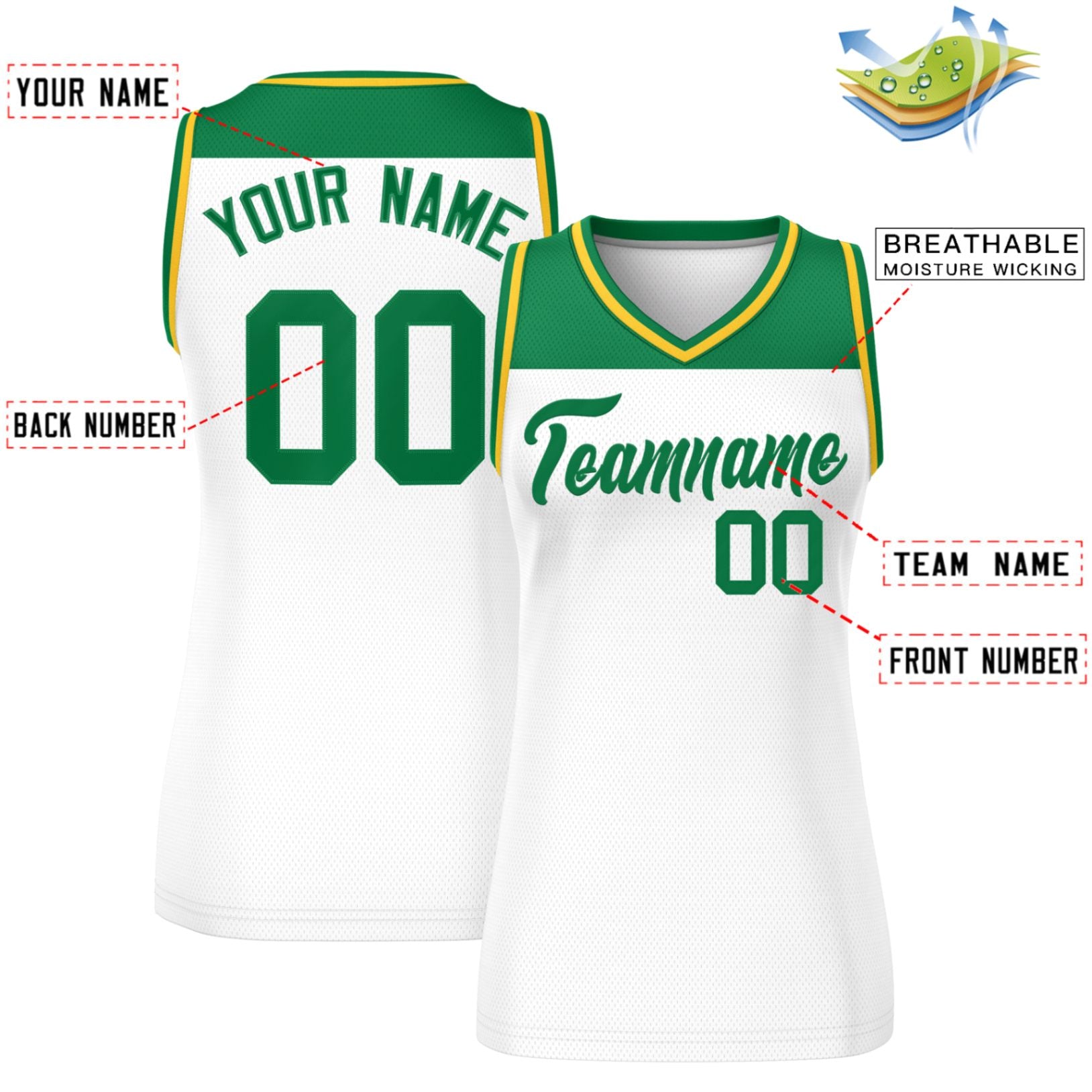 Custom Kelly Green White Color Block Fashion Tops Mesh Basketball Jersey For Women