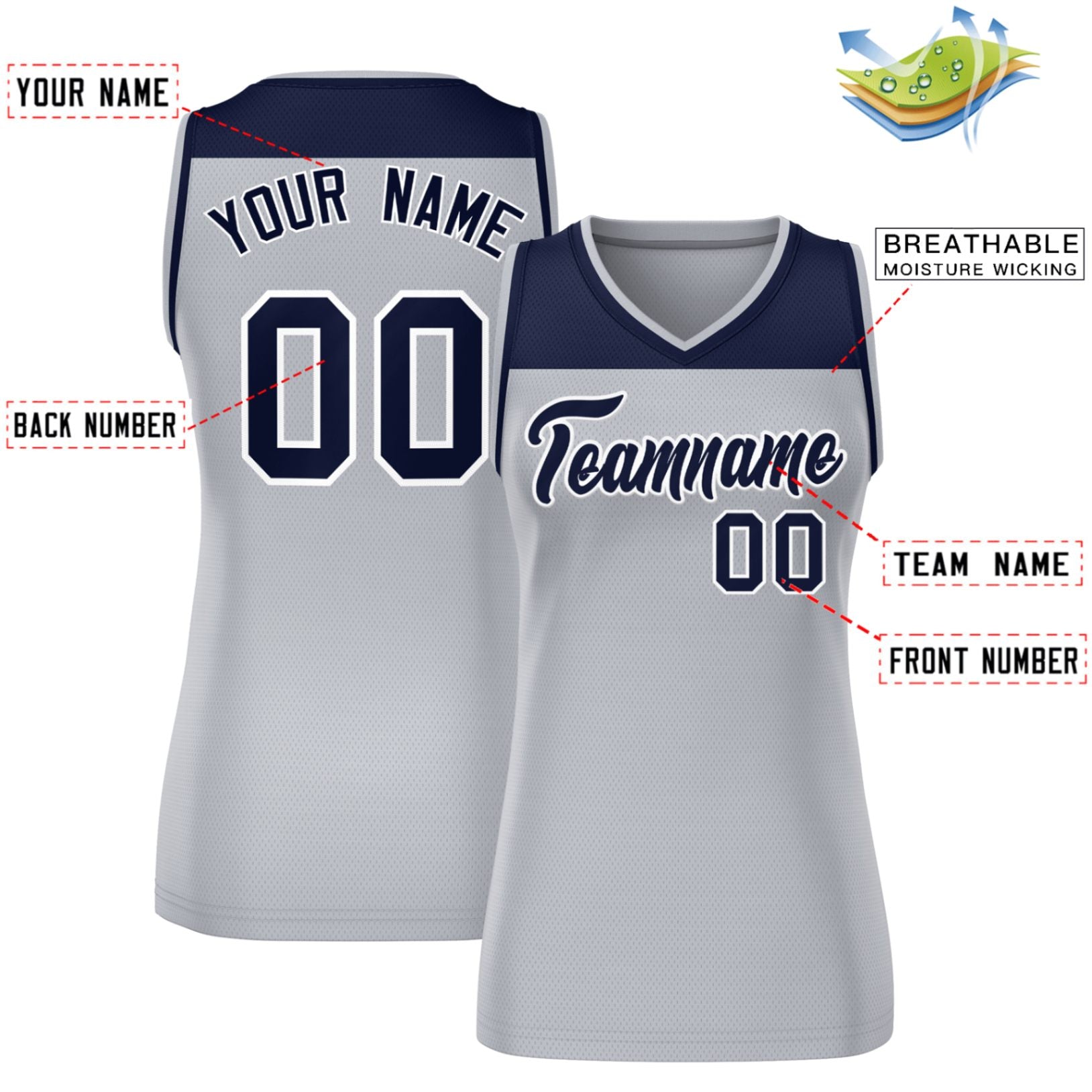 Custom Navy Gray Color Block Fashion Tops Mesh Basketball Jersey For Women
