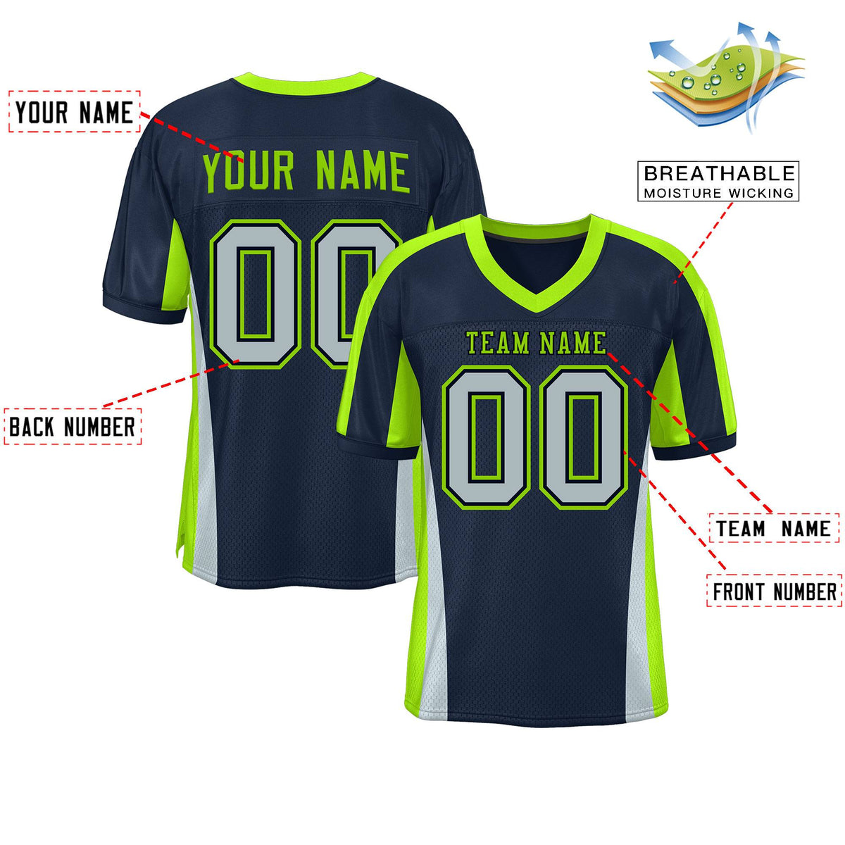 Custom Navy Color Block Mesh Authentic American Football Jersey