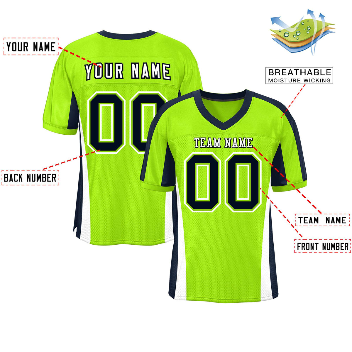 Custom Neon Green Color Block Mesh Authentic American Football Jersey