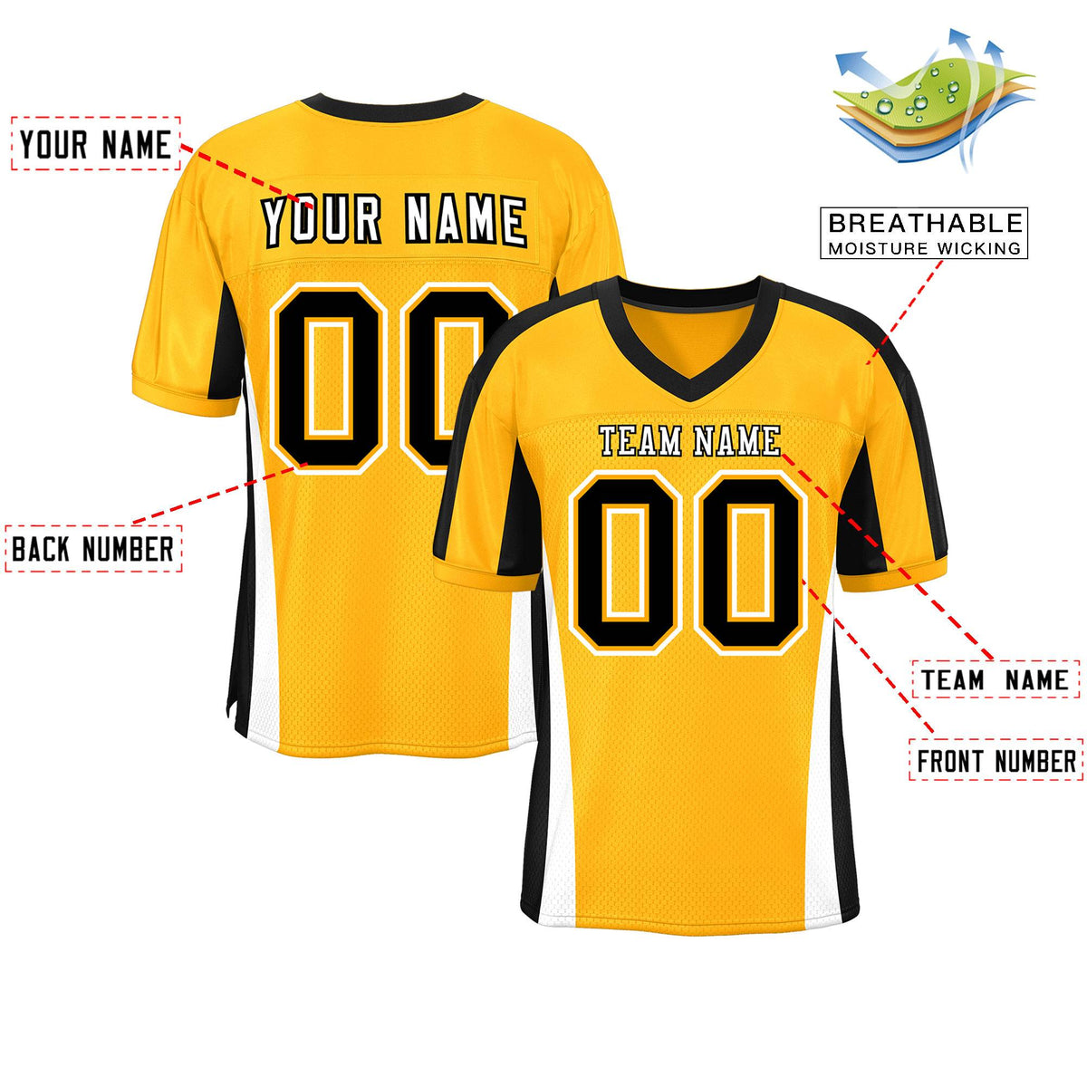 Custom Yellow Color Block Mesh Authentic American Football Jersey