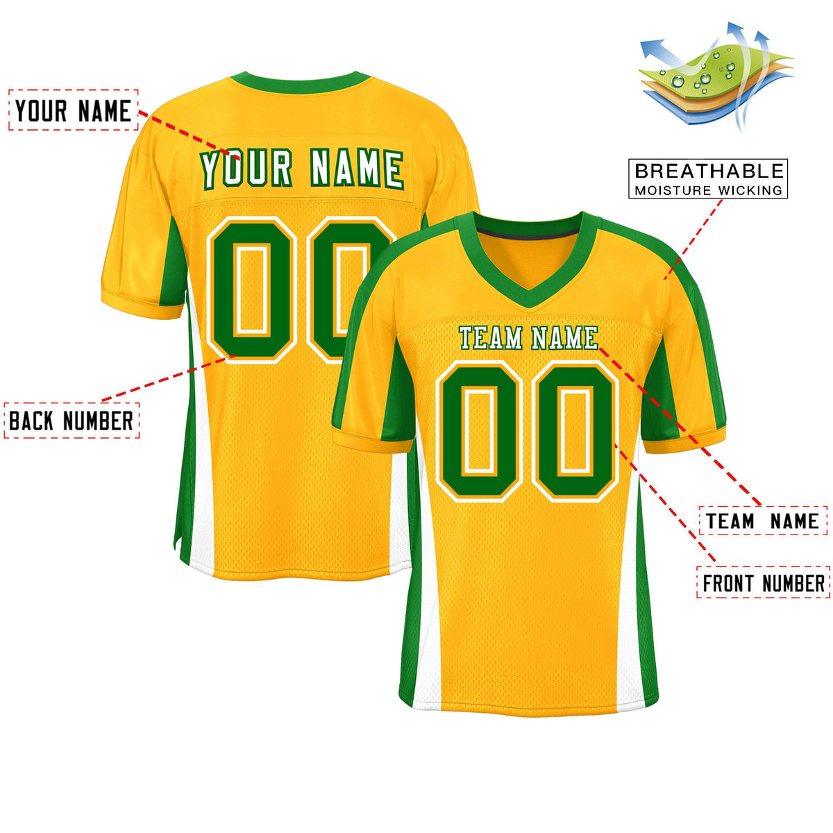 Custom Yellow Color Block Mesh Authentic American Football Jersey