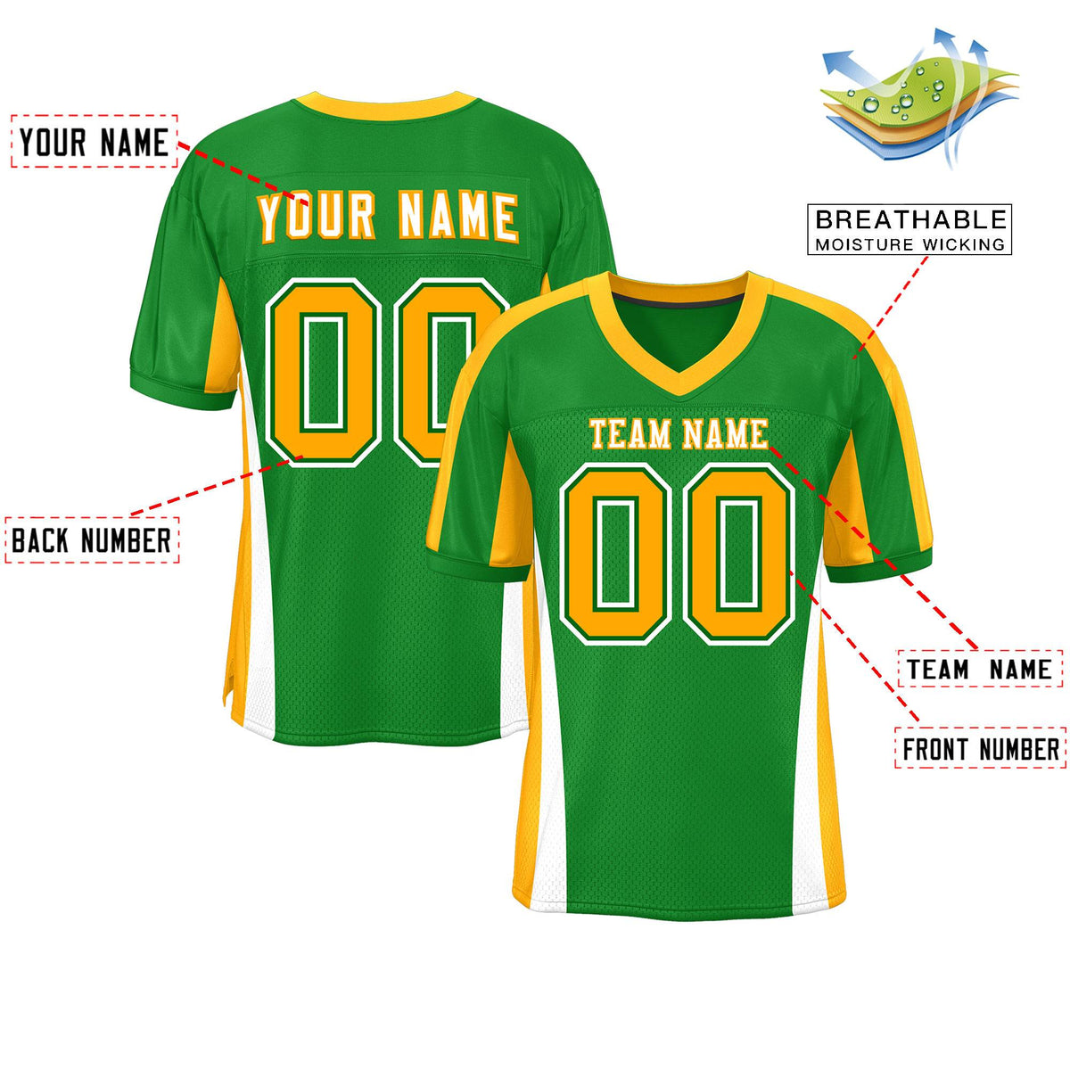 Custom Kelly Green Color Block Mesh Authentic American Football Jersey