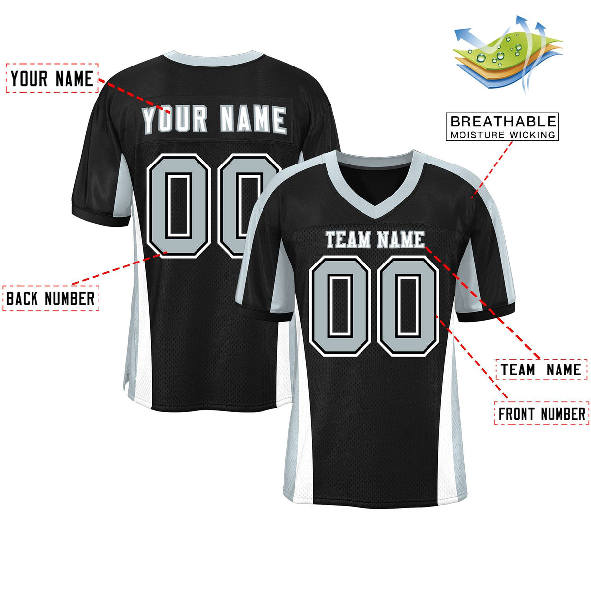 Custom Black Color Block Mesh Authentic American Football Jersey