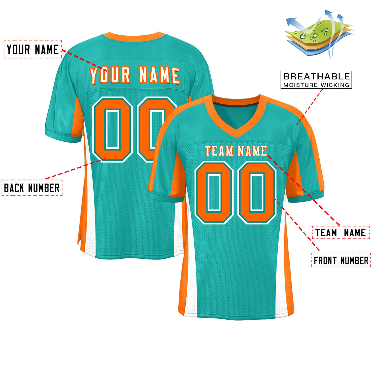 Custom Aqua Color Block Mesh Authentic American Football Jersey