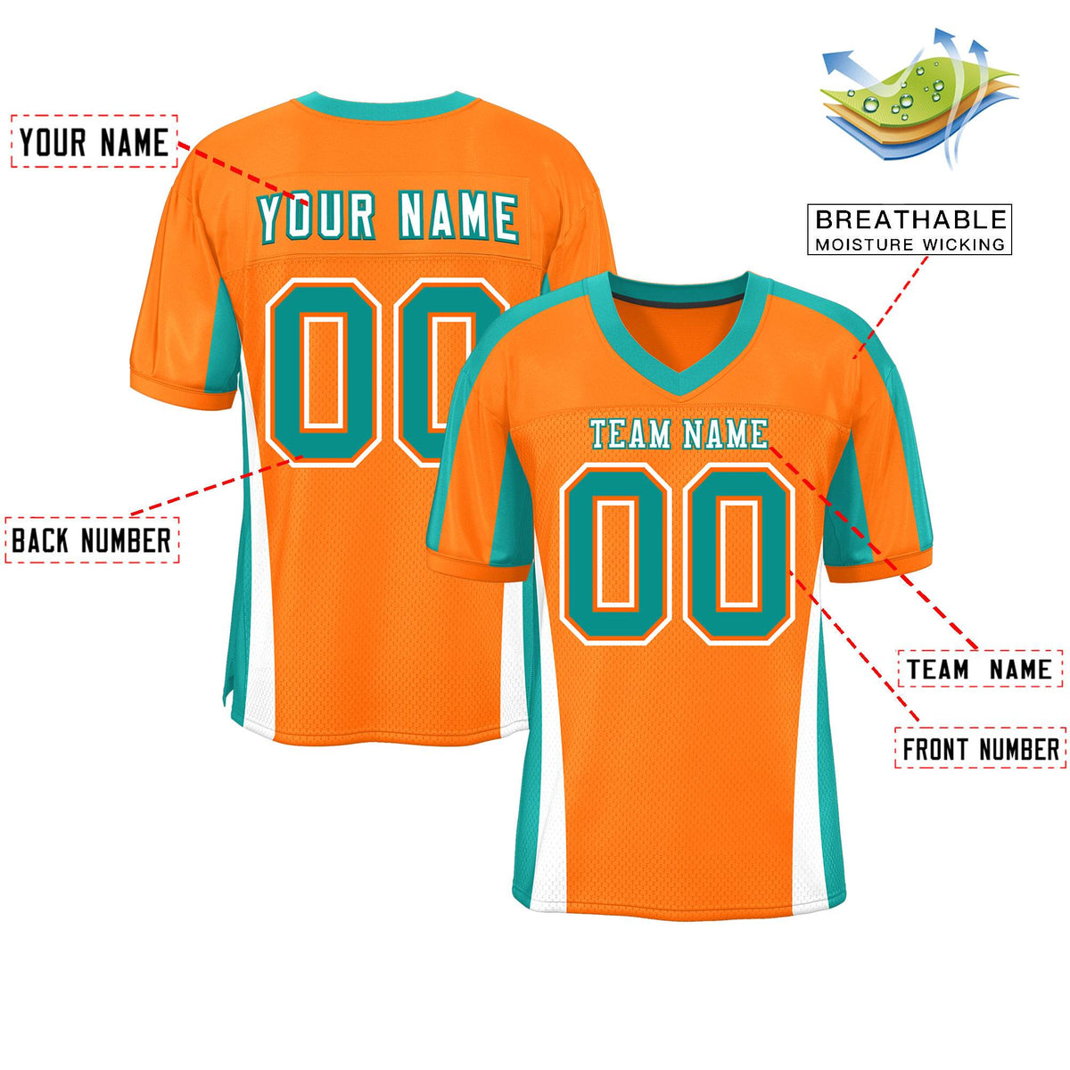 Custom Orange Color Block Mesh Authentic American Football Jersey