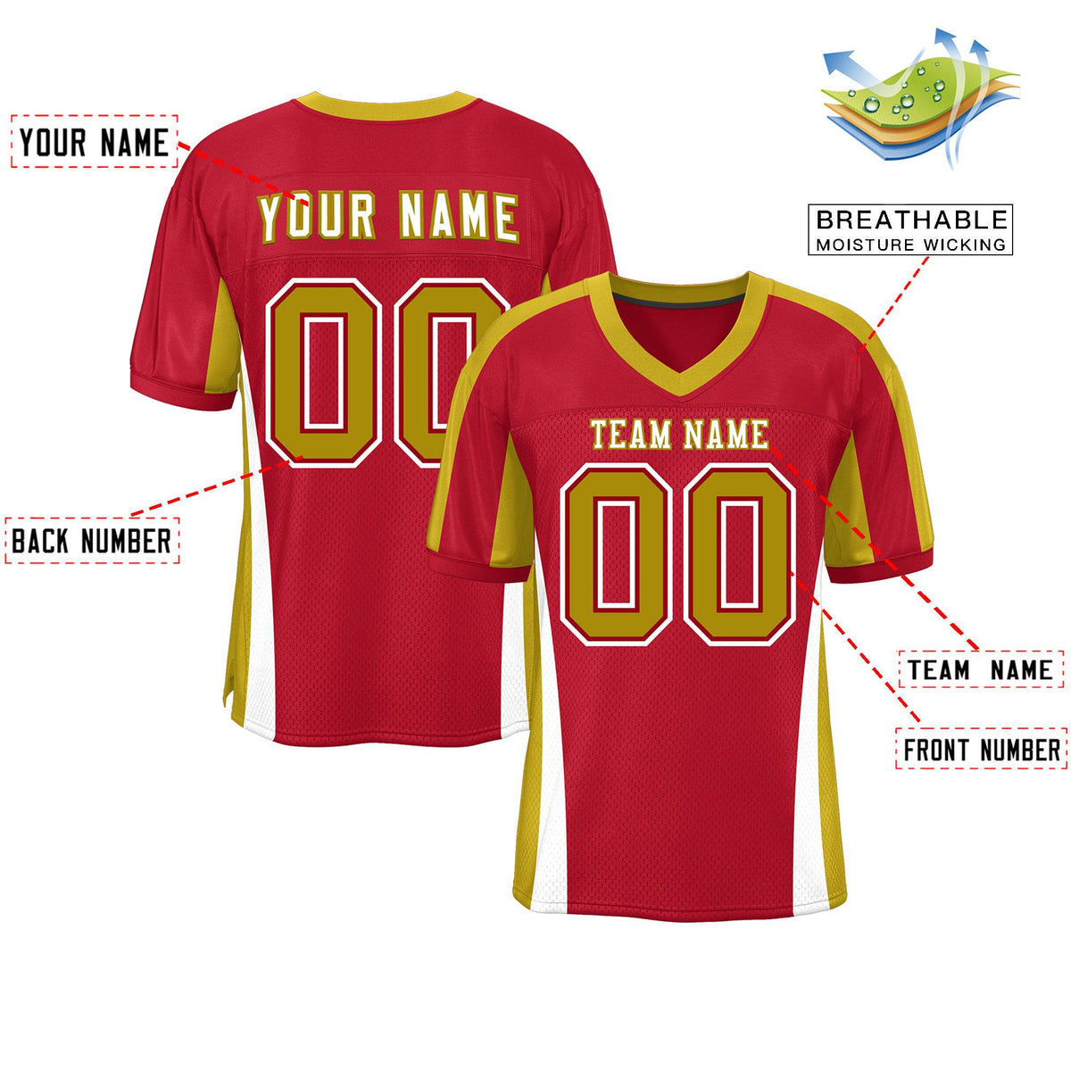 Custom Red Color Block Mesh Authentic American Football Jersey