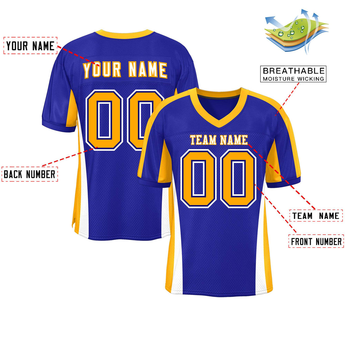 Custom Royal Color Block Mesh Authentic American Football Jersey
