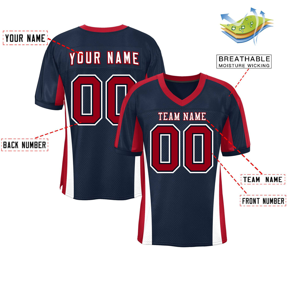 Custom Navy Color Block Mesh Authentic American Football Jersey