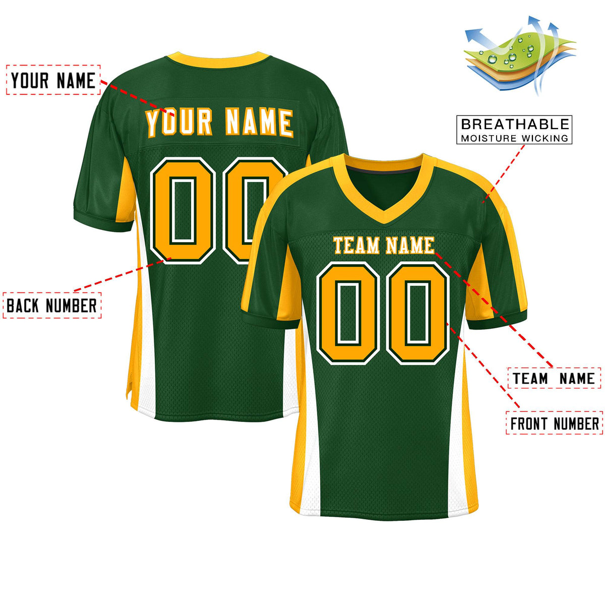 Custom Green Color Block Mesh Authentic American Football Jersey