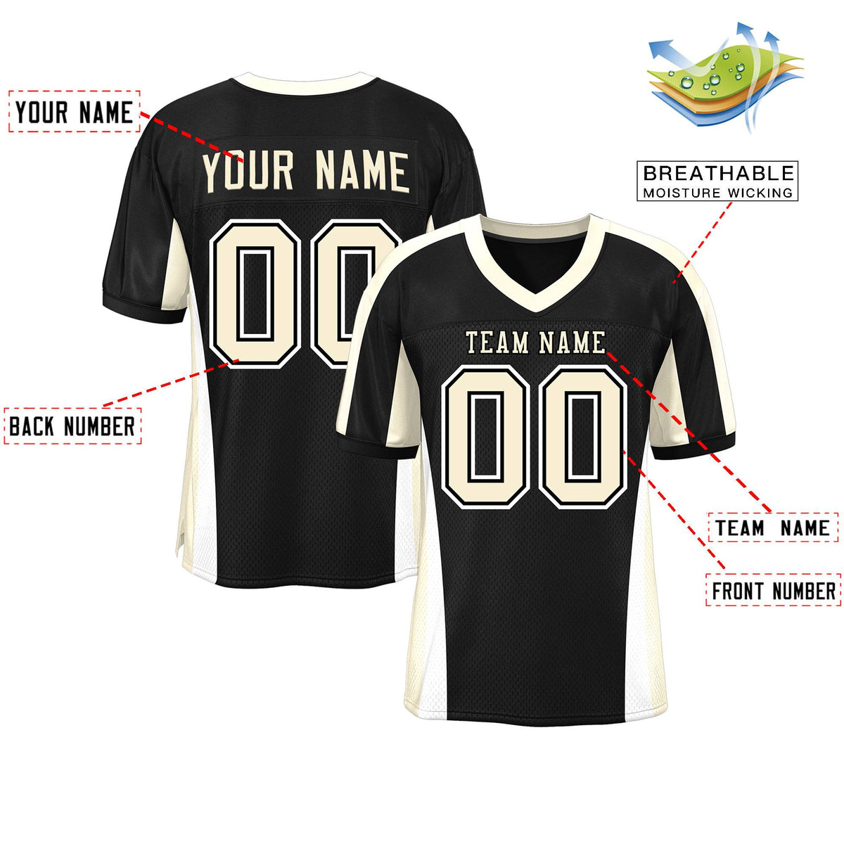 Custom Black Color Block Mesh Authentic American Football Jersey