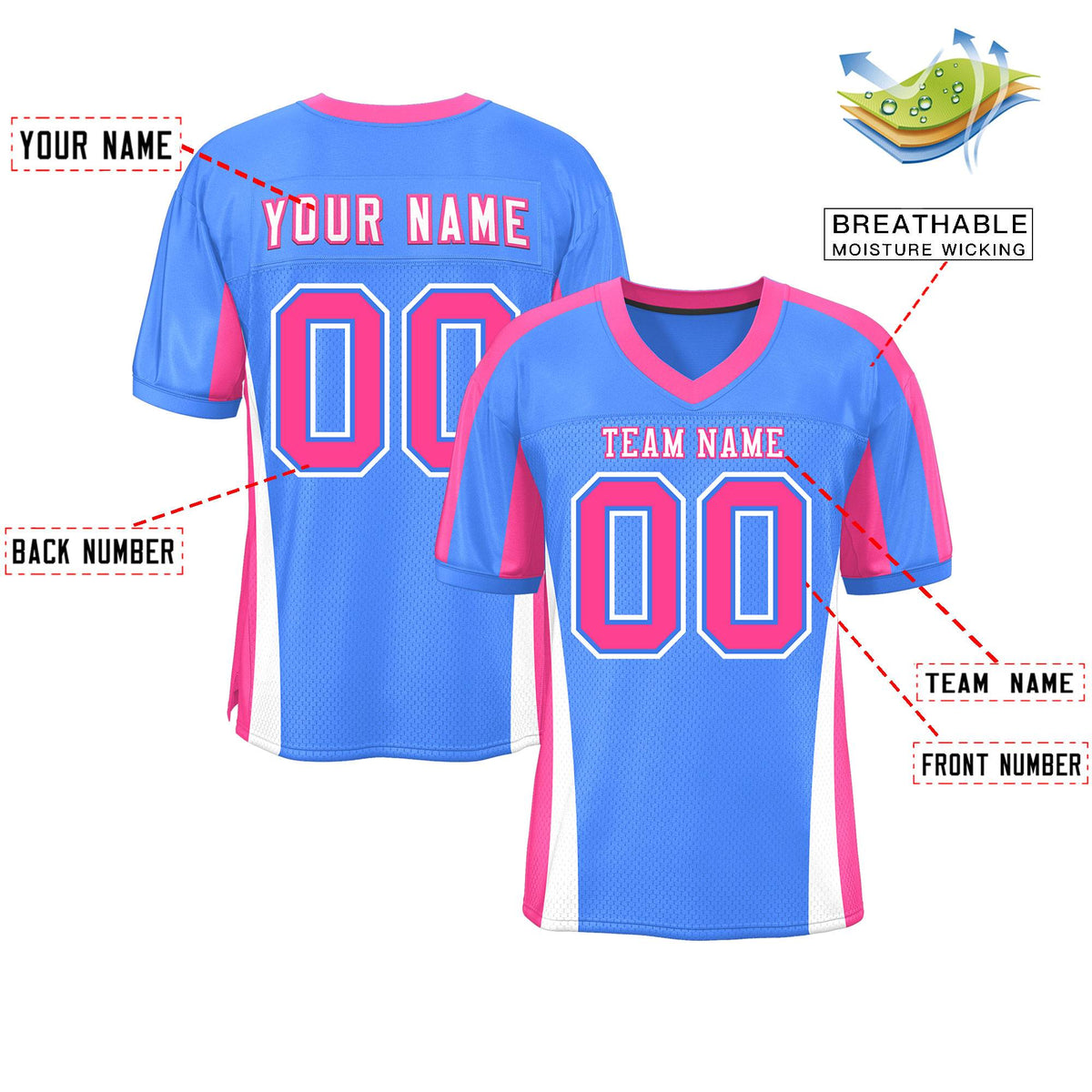 Custom Powder Blue Color Block Mesh Authentic American Football Jersey
