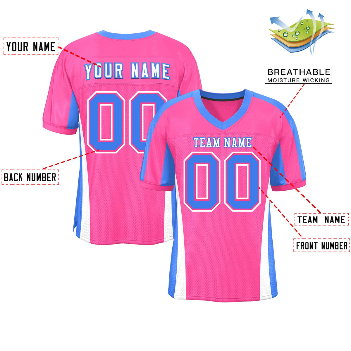 Custom Pink Color Block Mesh Authentic American Football Jersey