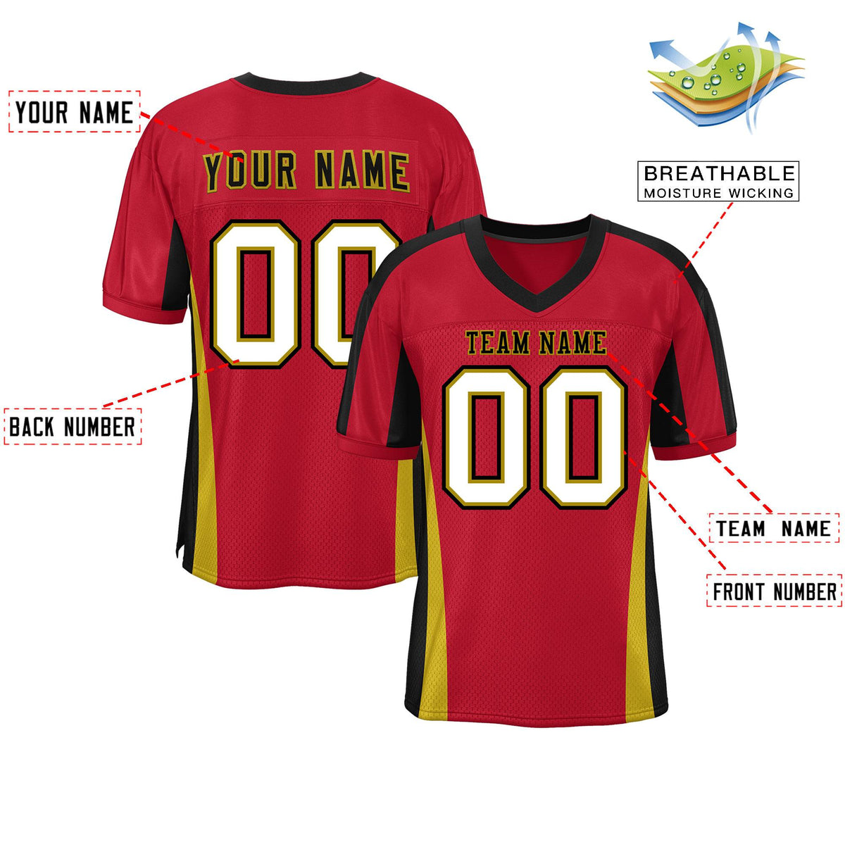 Custom Red Color Block Mesh Authentic American Football Jersey