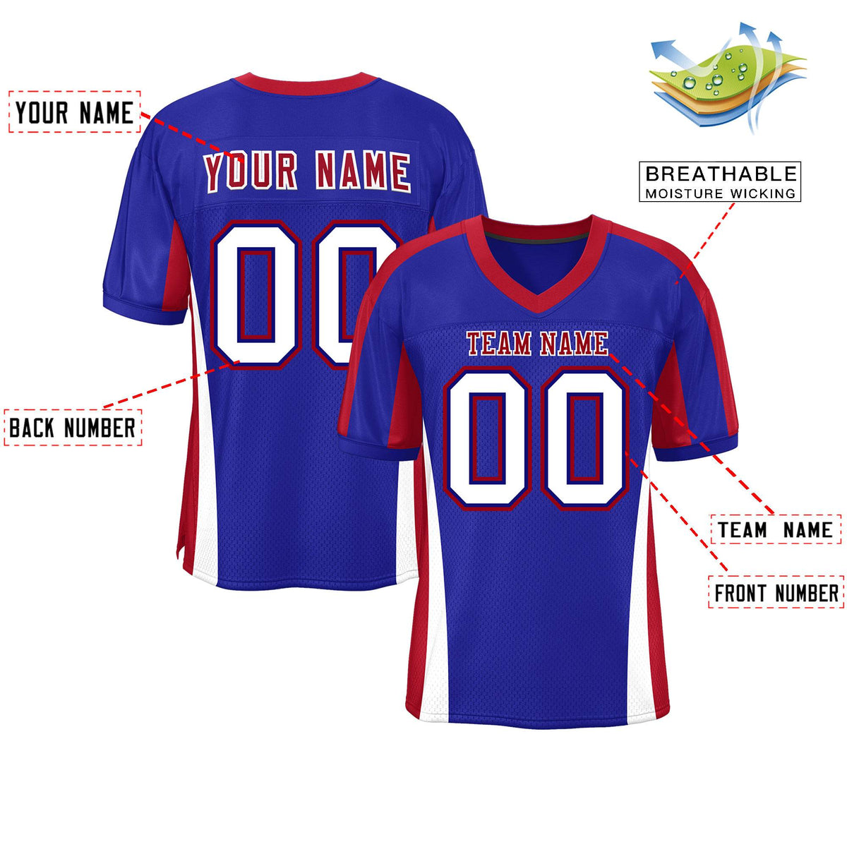 Custom Royal Color Block Mesh Authentic American Football Jersey