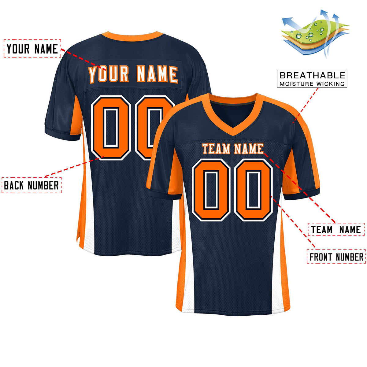Custom Navy Color Block Mesh Authentic American Football Jersey