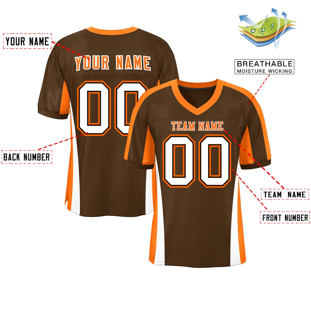 Custom Brown Color Block Mesh Authentic American Football Jersey