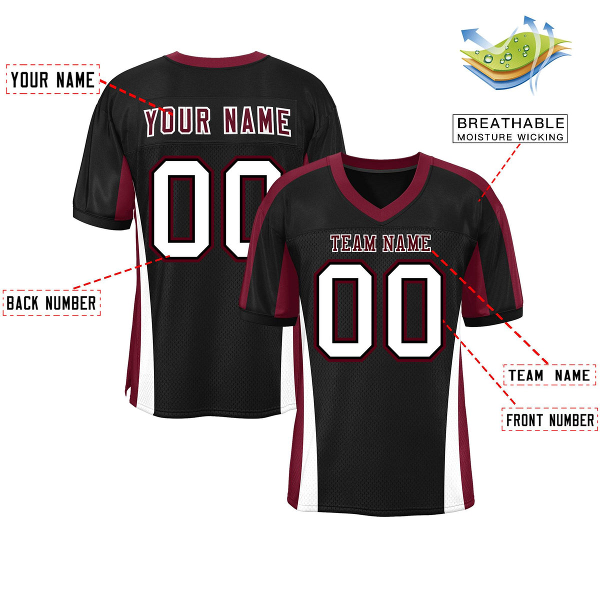 Custom Black Color Block Mesh Authentic American Football Jersey