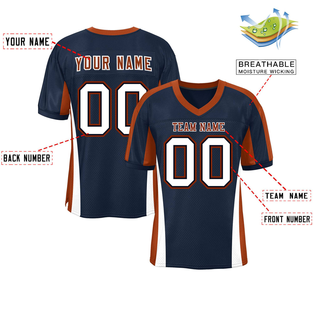 Custom Navy Color Block Mesh Authentic American Football Jersey