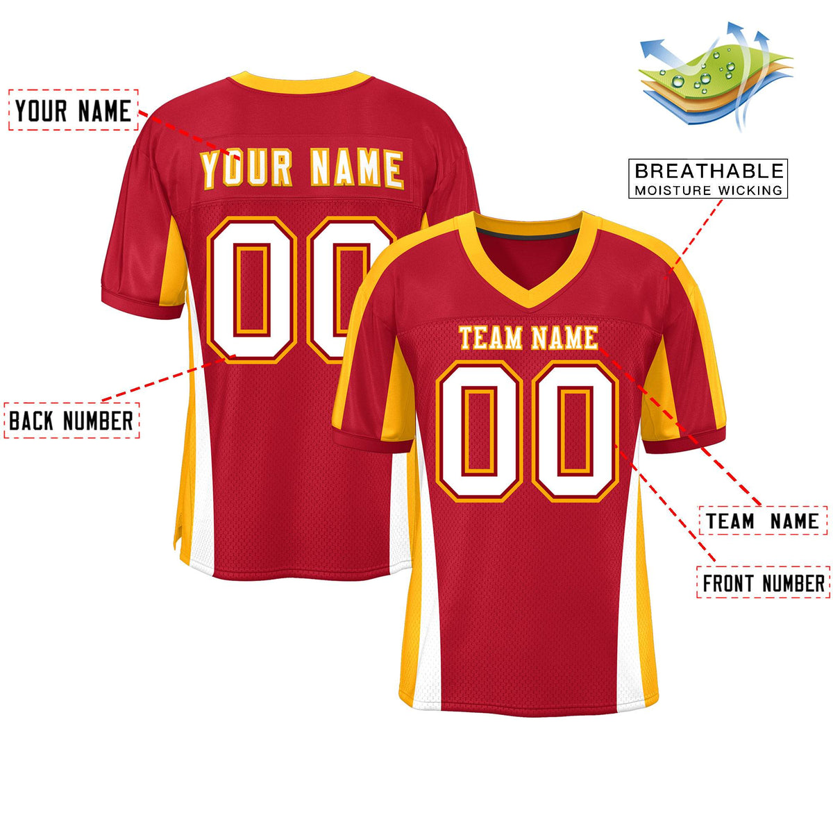 Custom Red Color Block Mesh Authentic American Football Jersey