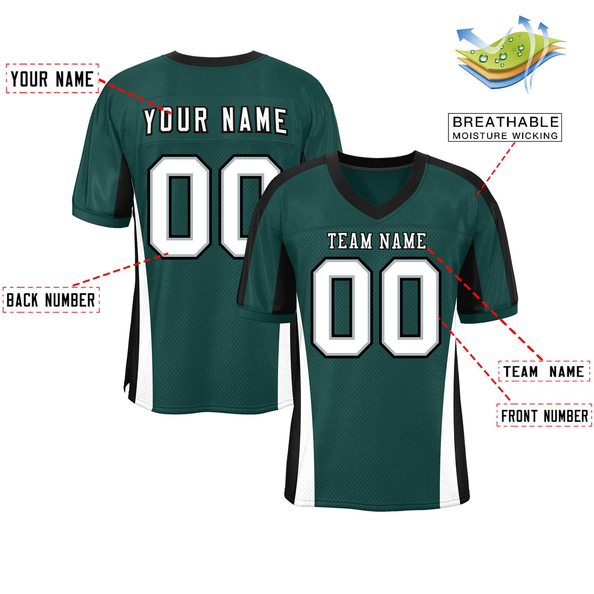 Custom Midnight Green Color Block Mesh Authentic American Football Jersey