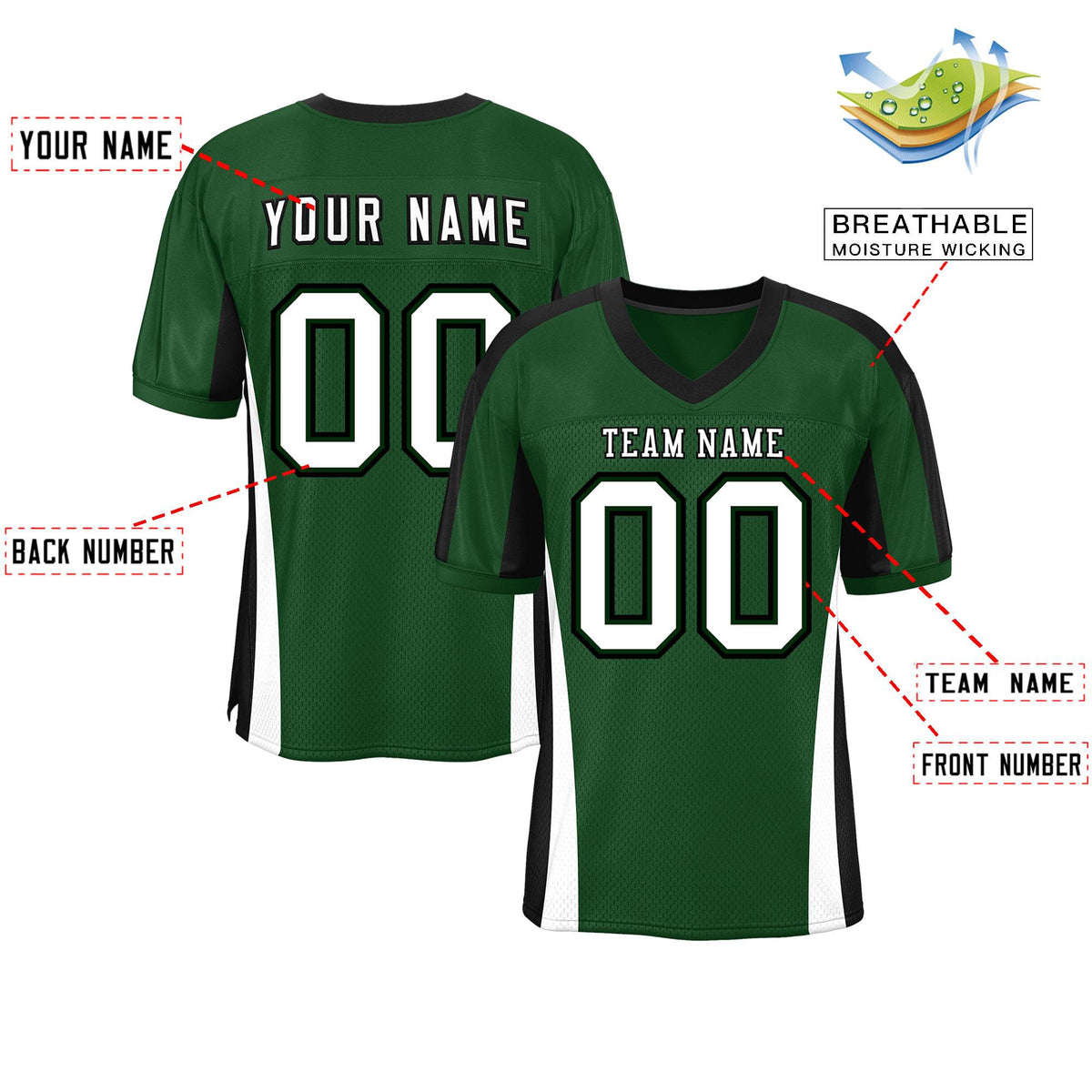 Custom Green Color Block Mesh Authentic American Football Jersey