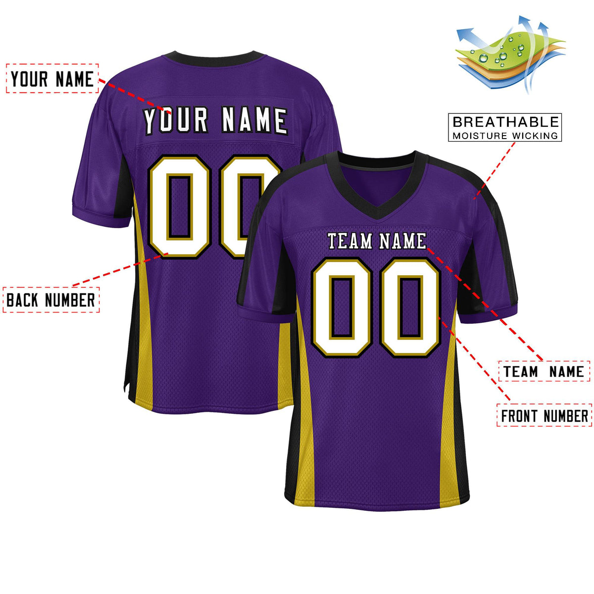 Custom Purple Color Block Mesh Authentic American Football Jersey