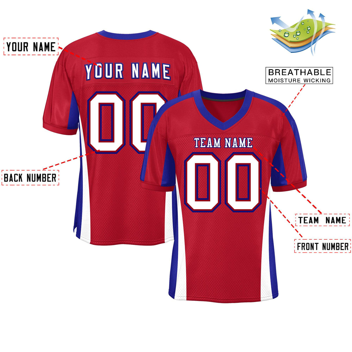 Custom Red Color Block Mesh Authentic American Football Jersey