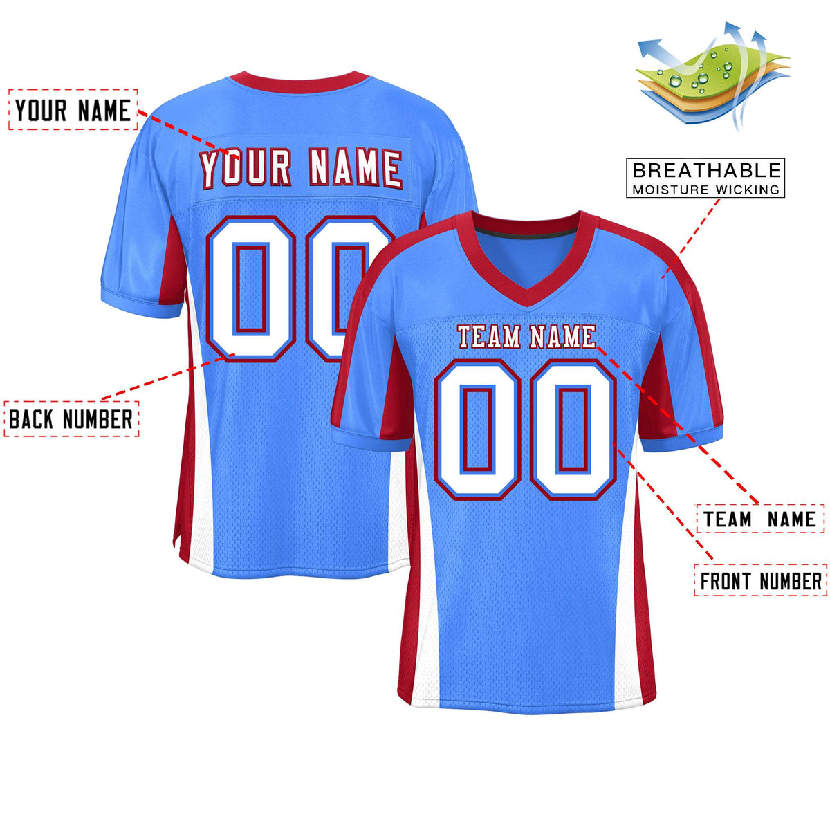 Custom Powder Blue Color Block Mesh Authentic American Football Jersey