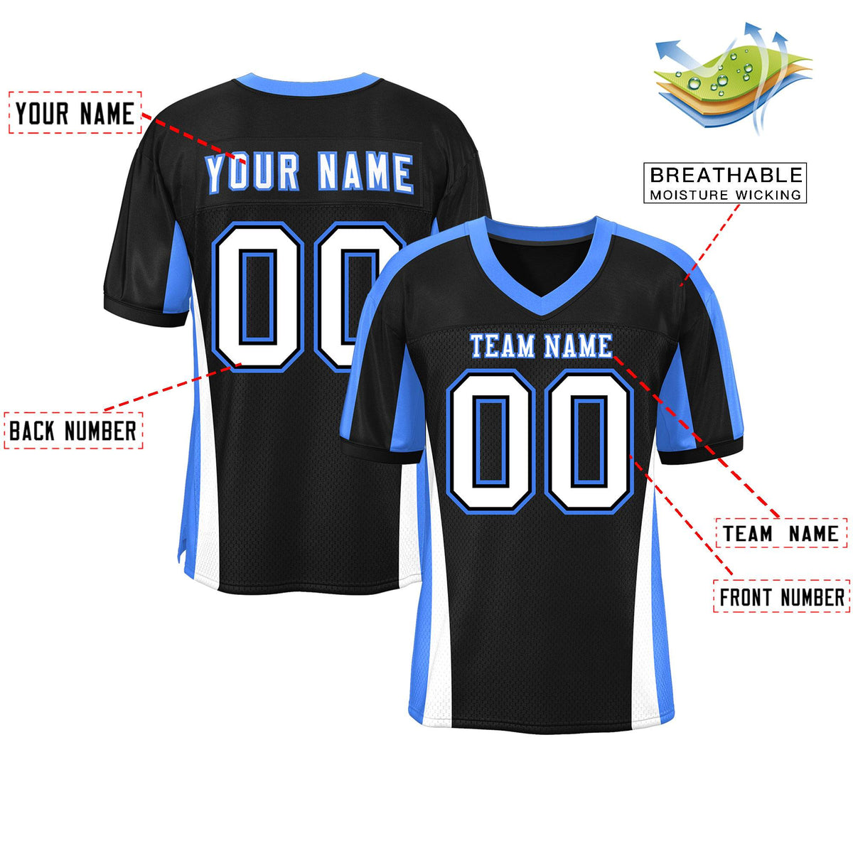 Custom Black Color Block Mesh Authentic American Football Jersey