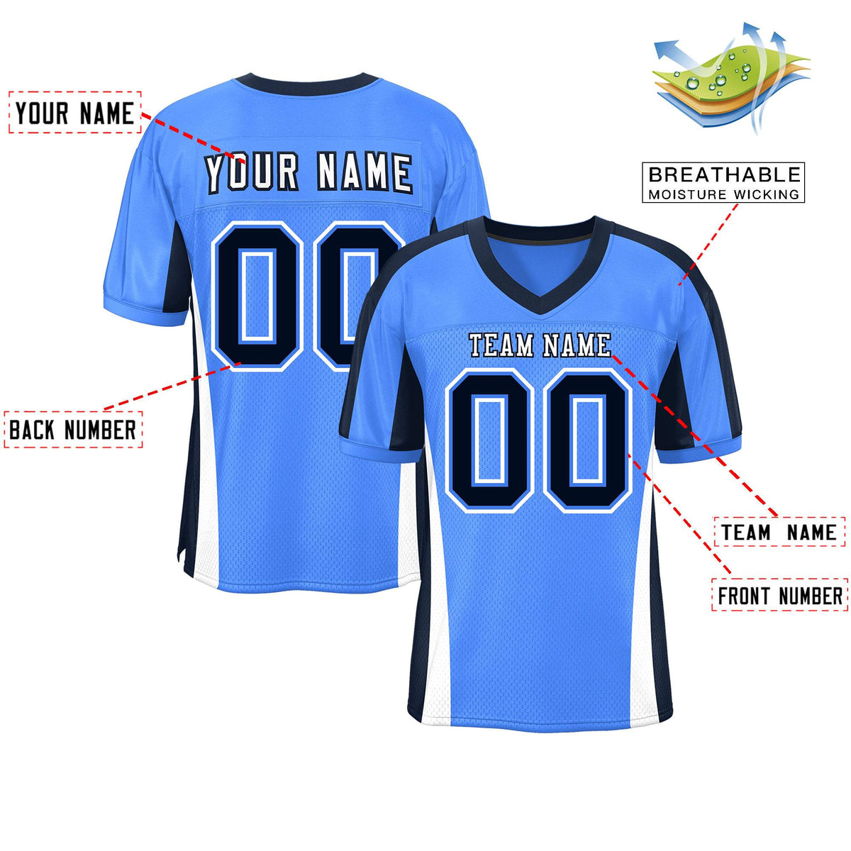Custom Powder Blue Color Block Mesh Authentic American Football Jersey