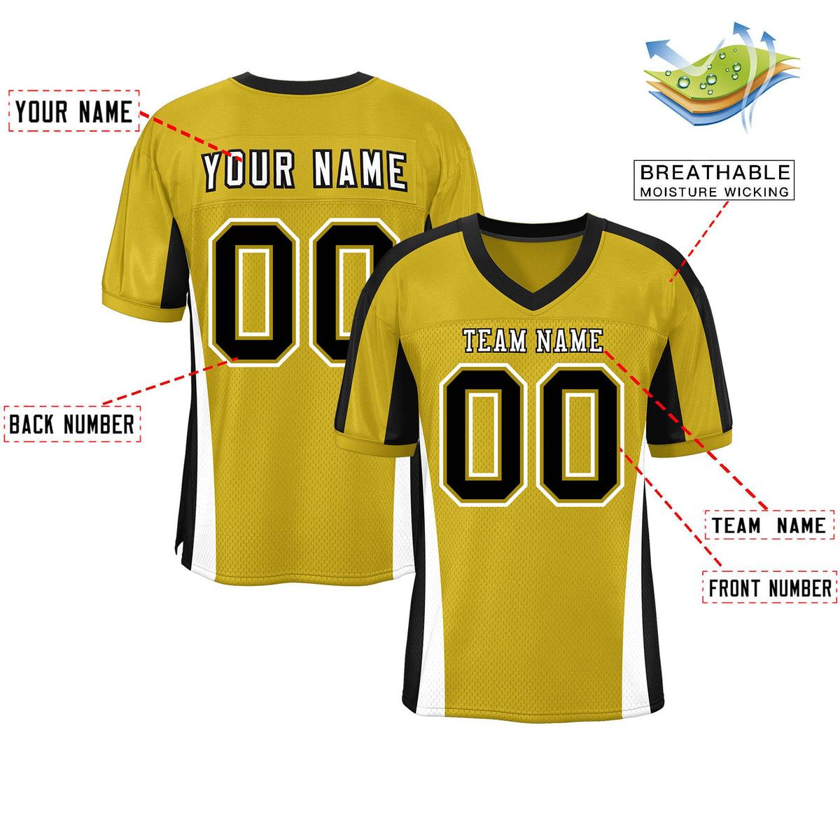 Custom Old Gold Color Block Mesh Authentic American Football Jersey