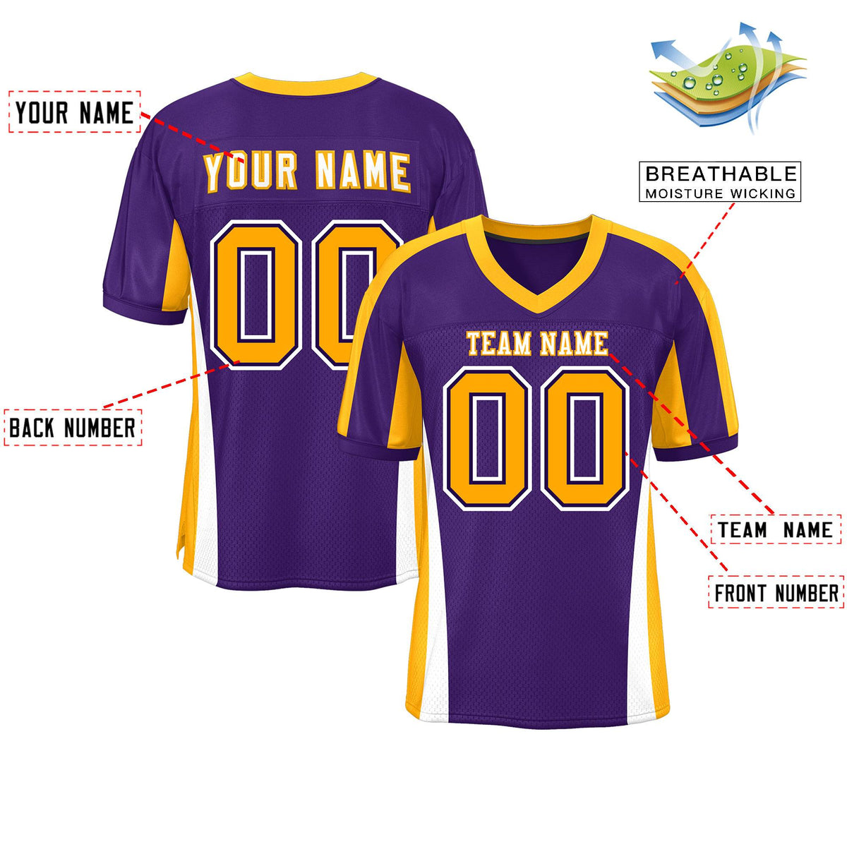 Custom Purple Color Block Mesh Authentic American Football Jersey