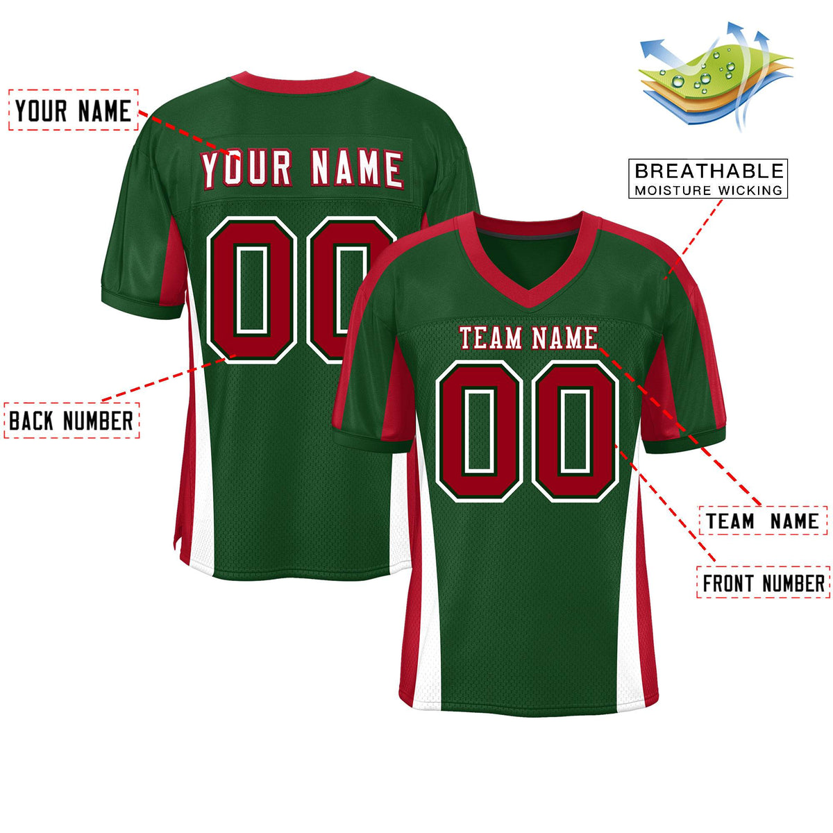 Custom Green Color Block Mesh Authentic American Football Jersey
