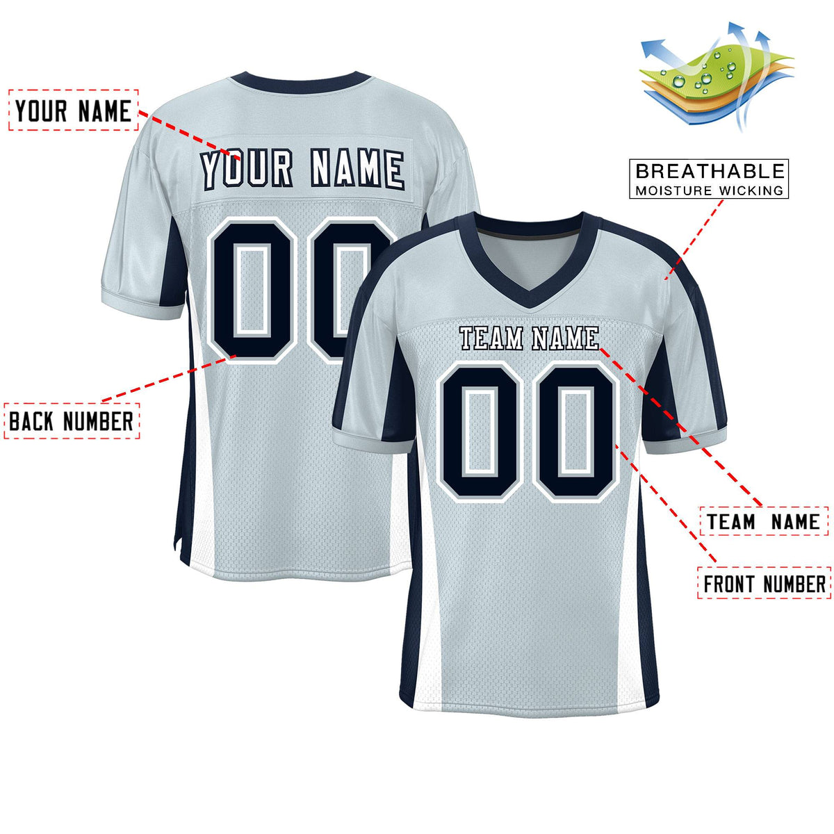 Custom Gray Color Block Mesh Authentic American Football Jersey