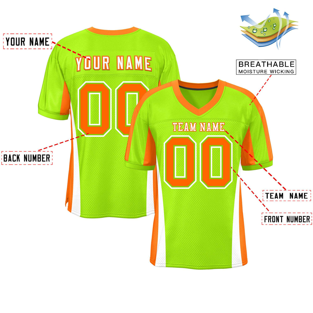 Custom Neon Green Color Block Mesh Authentic American Football Jersey