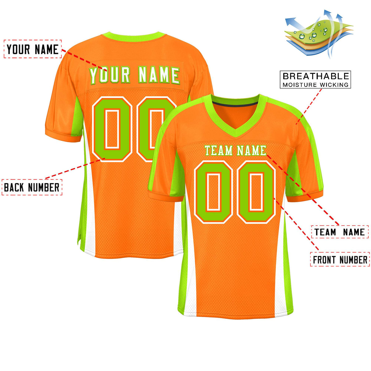 Custom Orange Color Block Mesh Authentic American Football Jersey