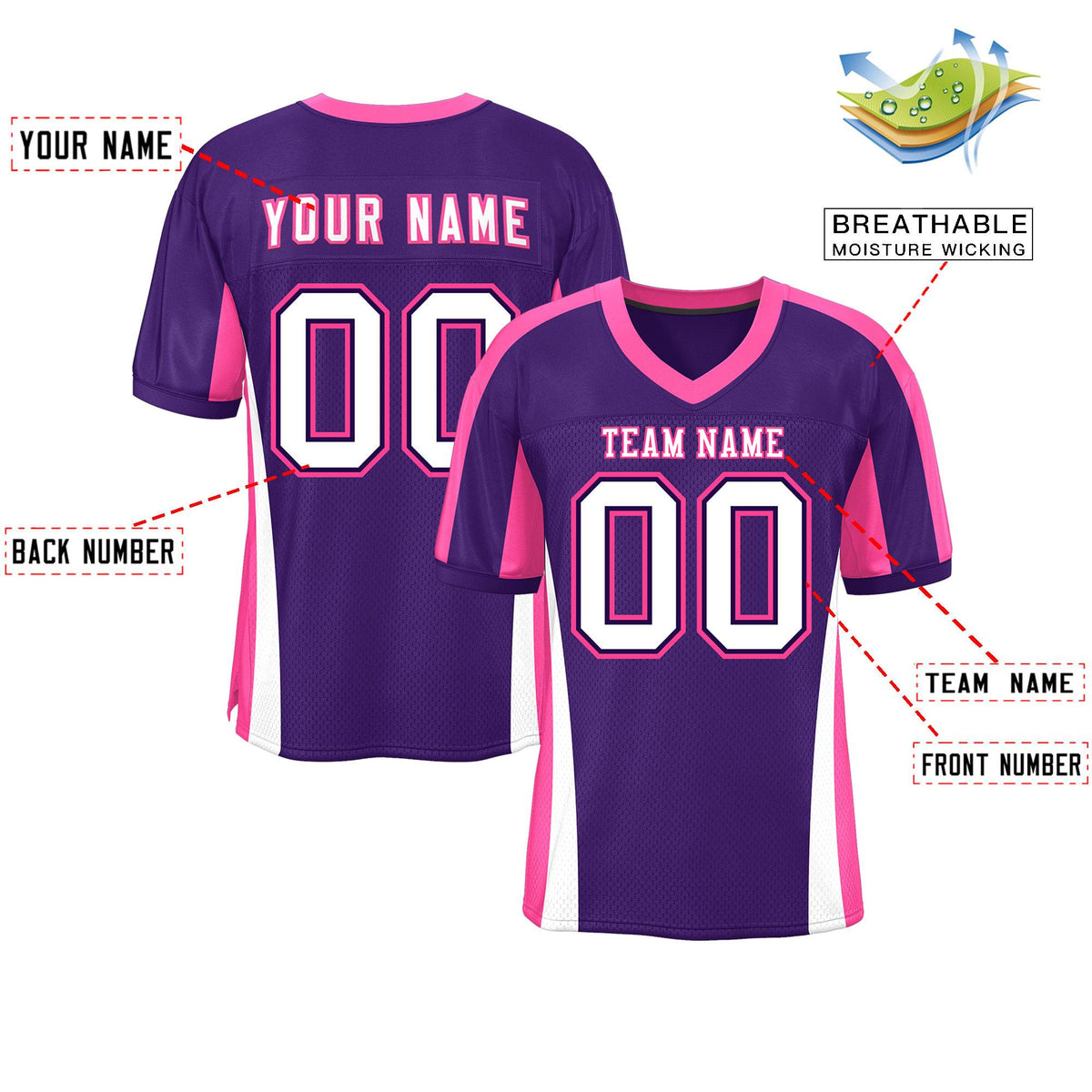Custom Purple Color Block Mesh Authentic American Football Jersey