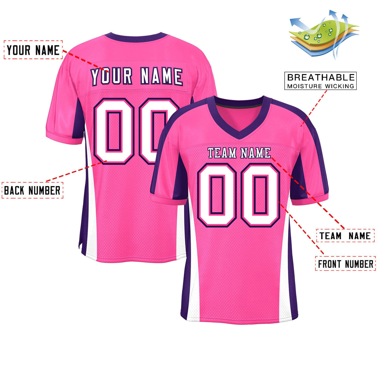 Custom Pink Color Block Mesh Authentic American Football Jersey