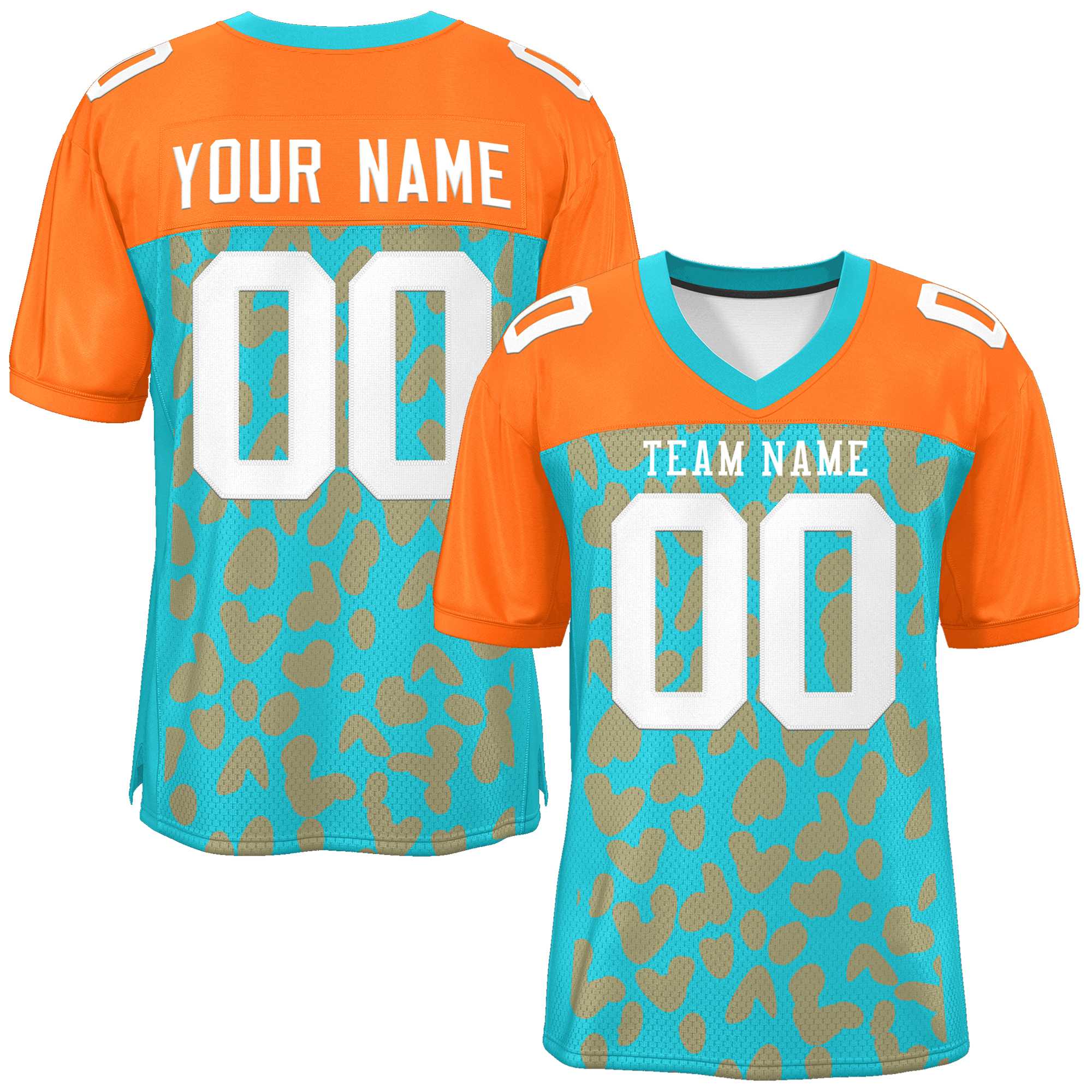 Custom Aqua Orange Raglan Sleeves Personalized Camo American Football Jersey | KXKSHOP