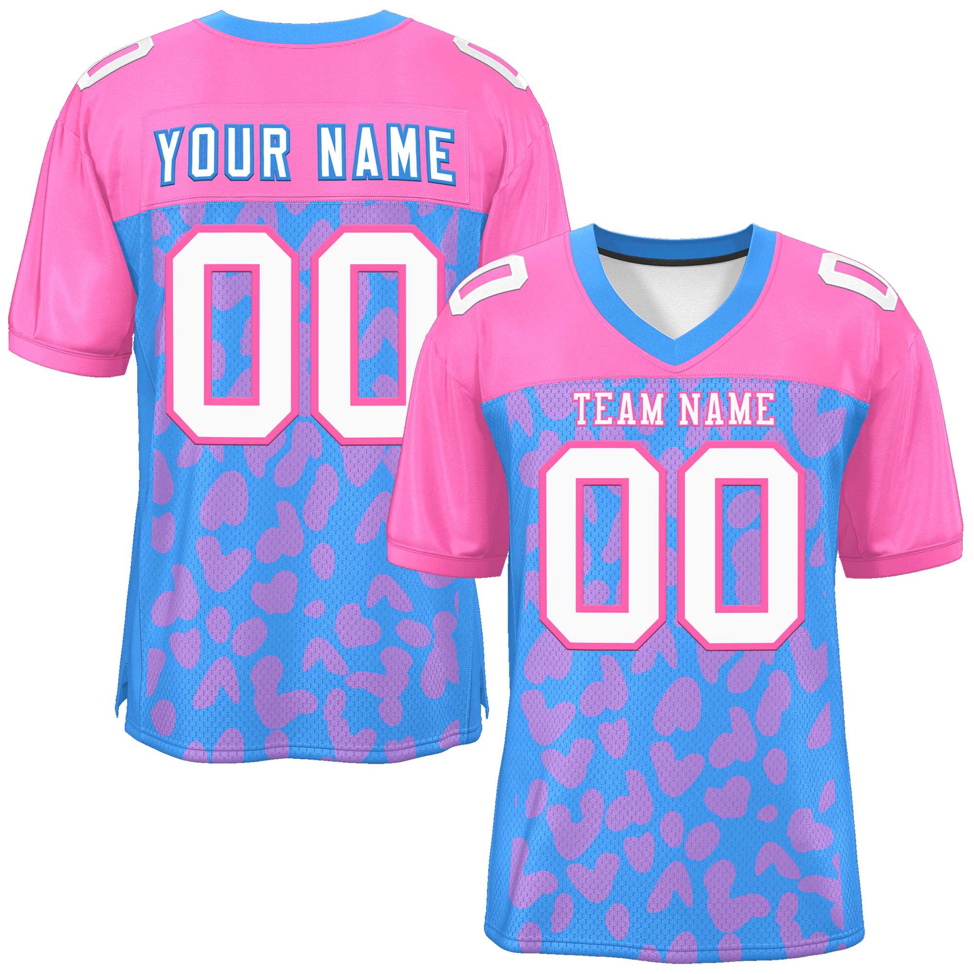 Custom Powder Blue Pink Raglan Sleeves Personalized Camo American Football Jersey | KXKSHOP
