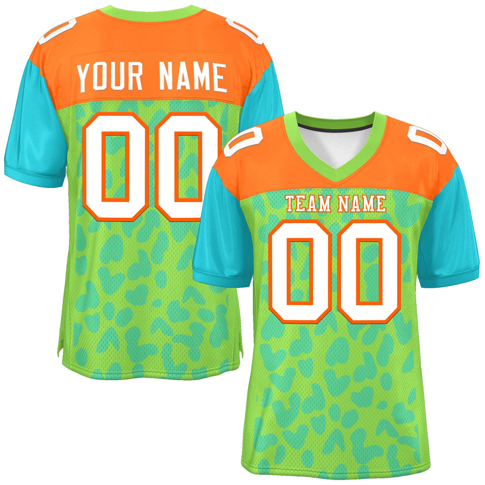 Custom Neon Green Orange-Aqua Raglan Sleeves Personalized Camo American Football Jersey | KXKSHOP