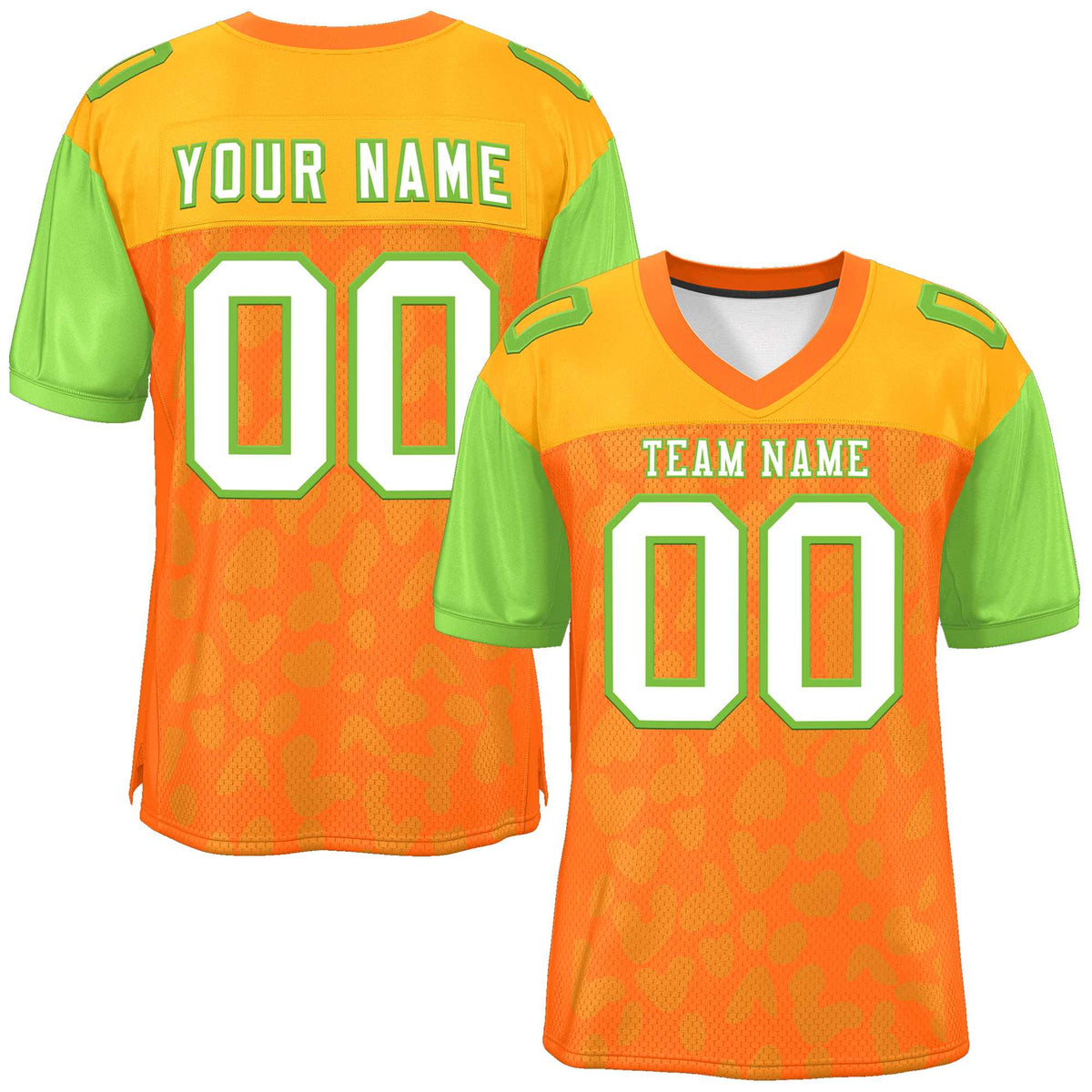 Custom Orange Yellow-Neon Green Raglan Sleeves Personalized Camo American Football Jersey | KXKSHOP