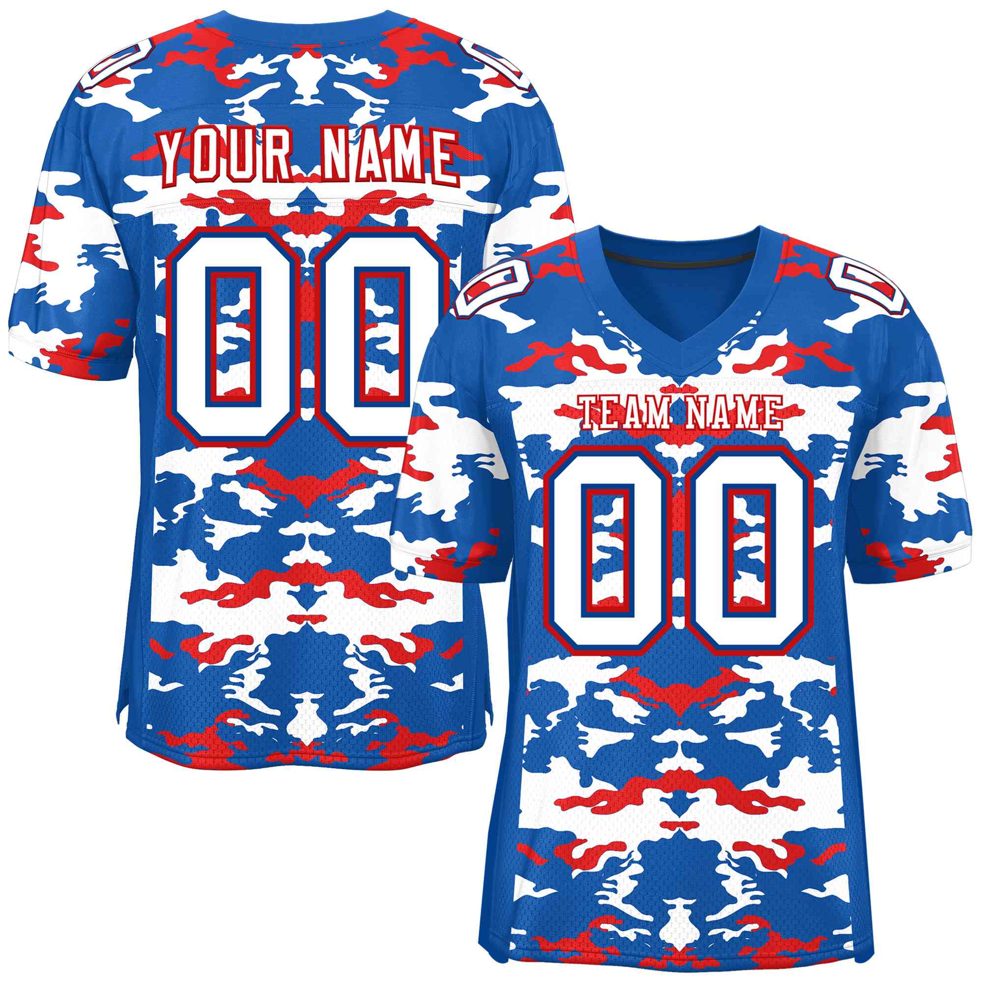 Custom Royal White-Red Personalized Camo American Football Jersey | KXKSHOP
