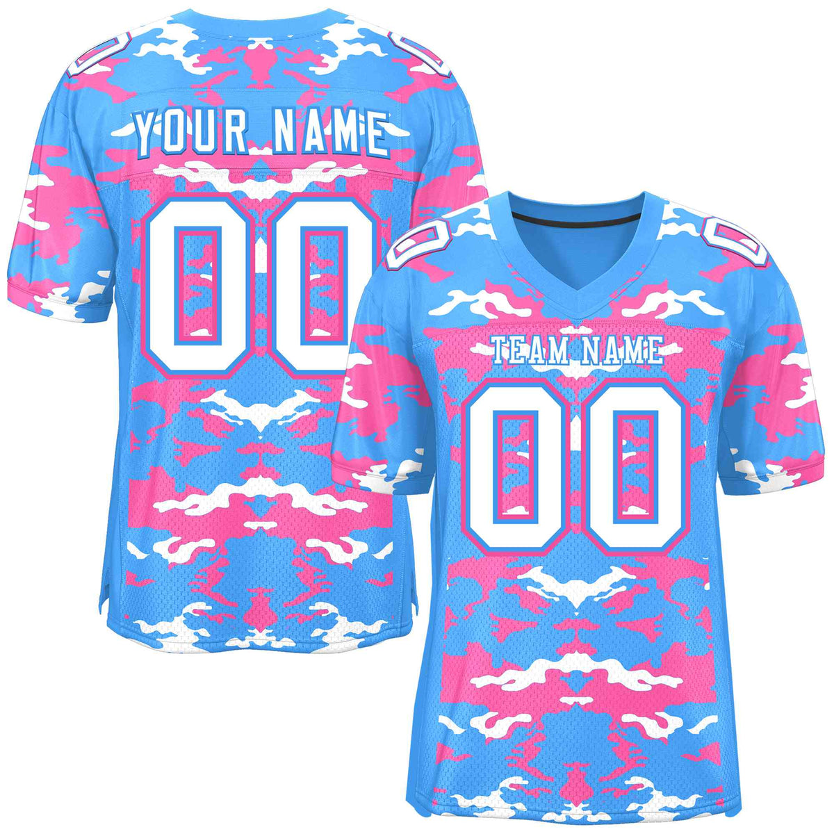 Custom Powder Blue Pink-White Personalized Camo American Football Jersey | KXKSHOP